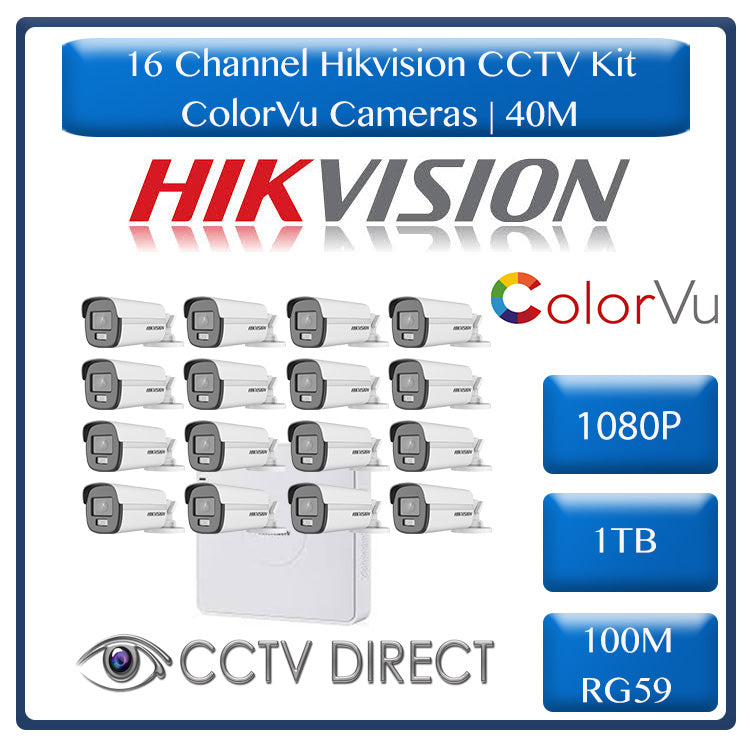 Hikvision 16ch Turbo HD Kit - HD DVR - 16 x 1080p ColorVu cameras - 40m Full colour night vision - 1TB HDD - 100m Cable