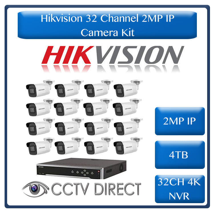 Hikvision 2MP IP camera kit, 32ch 4K NVR with 16 POE, 16 x Hikvision 2MP IP bullet cameras 30m IR, 4TB HDD, 300m cable