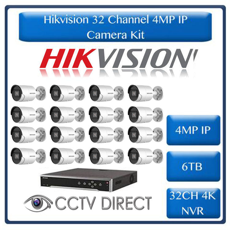 Hikvision 4MP IP camera kit, 32ch 4K AcuSense NVR with 16 POE, 16 x Hikvision 4MP AcuSense IP bullet cameras 40m IR, 6TB HDD, 300m cable