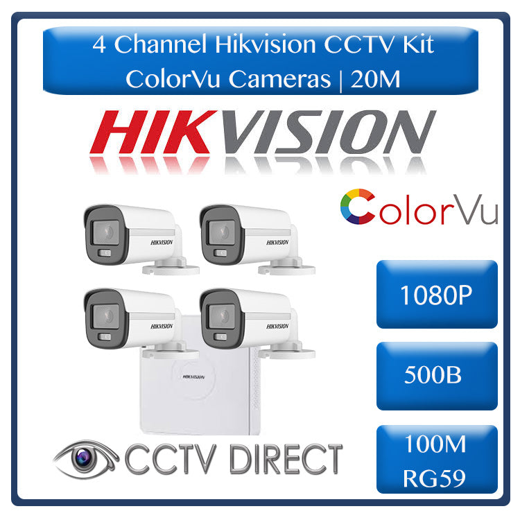 Hikvision 4ch Turbo HD Kit - HD DVR _ 4 x 1080p ColorVu cameras - 20m Full colour night vision - 500GB HDD - 100m Cable