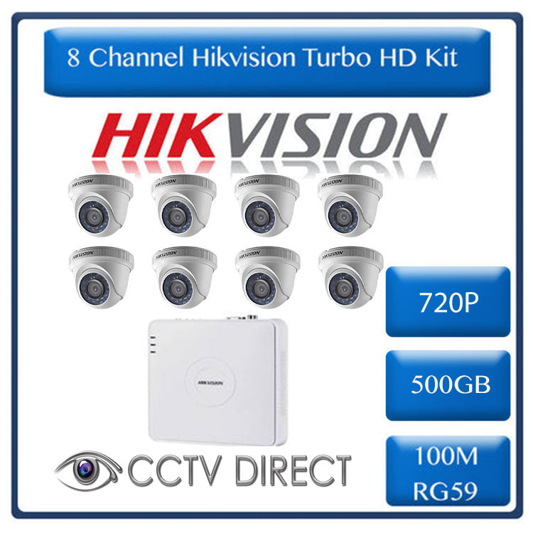 HikVision 8 Ch Turbo HD Kit - Embedded DVR - 8 x HD720P Camera - 20M Night vision - 500GB HDD - 100m Cable