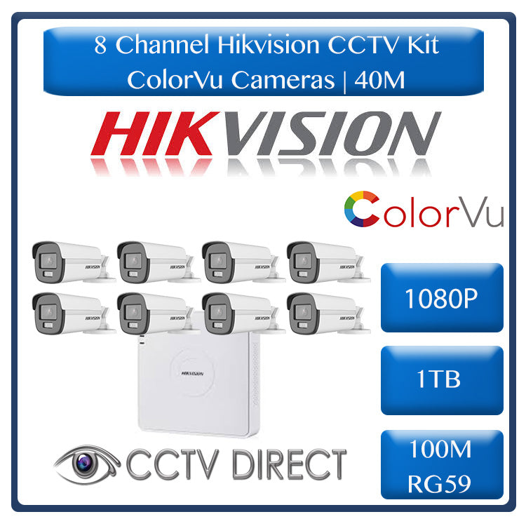 Hikvision 8ch Turbo HD Kit - HD DVR - 8 x 1080p ColorVu cameras - 40m Full colour night vision - 1TB HDD - 100m Cable