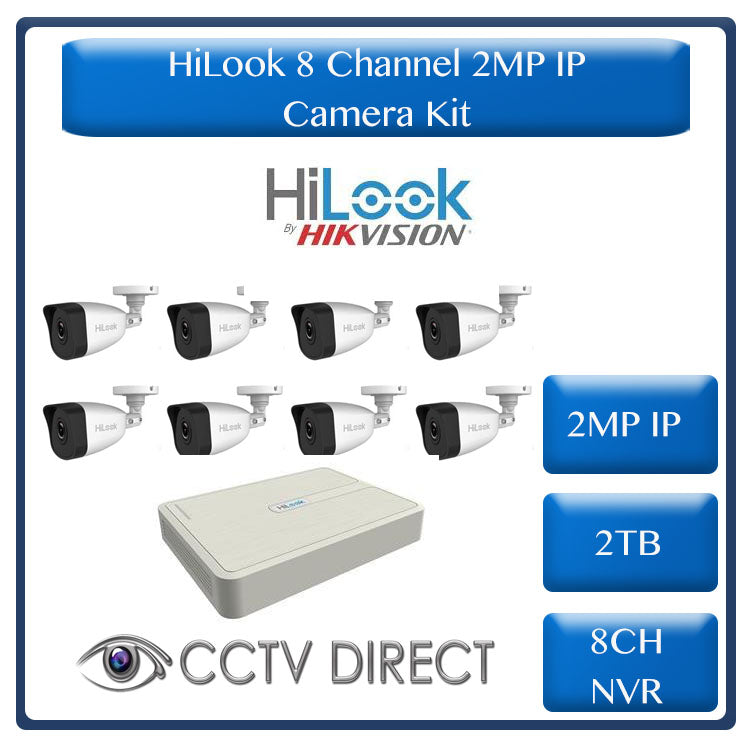HiLook by Hikvision 2MP IP camera kit - 8ch NVR with 8 POE - 8 x 2MP IP cameras 30m IR - 2TB HDD - 200m Cat5 cable