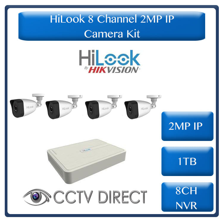 HiLook by Hikvision 2MP IP camera kit - 8ch NVR with 8 POE - 4 x 2MP IP cameras 30m IR - 1TB HDD - 100m Cat5 cable