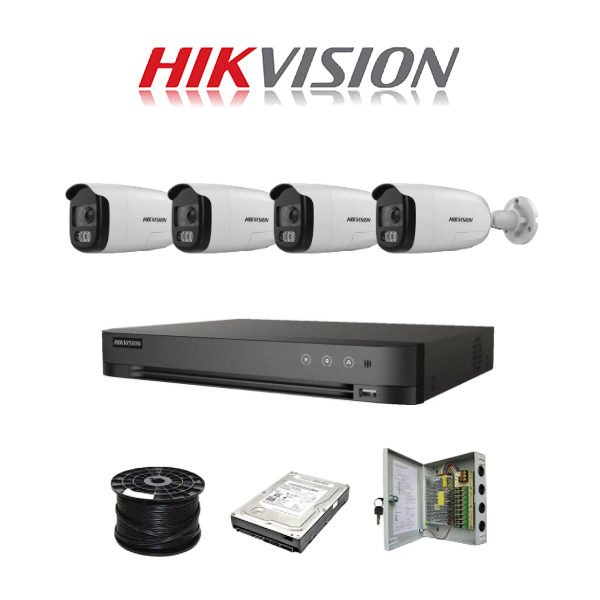 HikVision Acusense 4 Ch Colorvu HD Kit with Audio- HD DVR - 4 x HD1080P ColorVU Cameras - 40M Full Colour Night vision - 500GB HD - 100m Cable