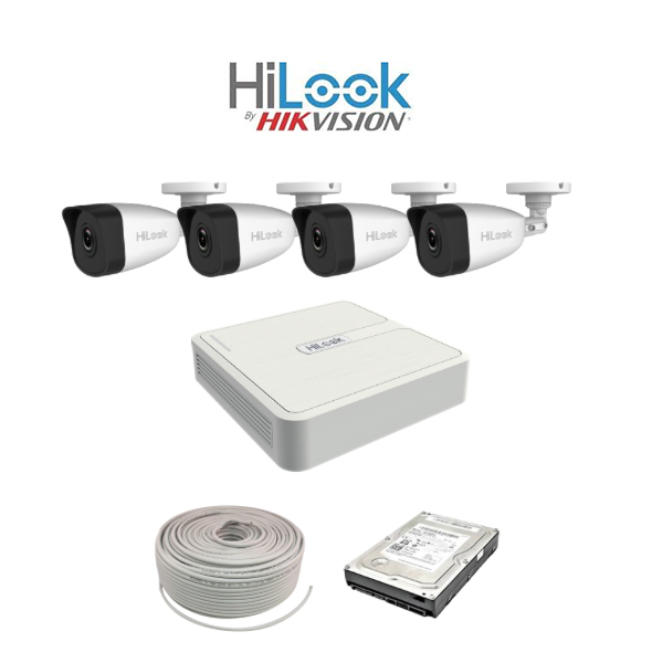 HiLook by Hikvision 2MP IP camera kit - 8ch NVR with 8 POE - 4 x 2MP IP cameras 30m IR - 1TB HDD - 100m Cat5 cable