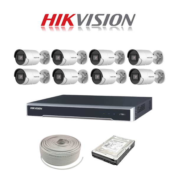 Hikvision 4MP IP camera kit - 16ch 4K NVR - 8 x 4MP AcuSense IP cameras - 2TB HDD - 100M cable - 40M Night vision