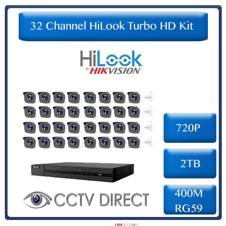 HiLook by HikVision 32 Ch Turbo HD Kit - Embedded DVR - 32 x HD720P Camera - 20m IR - 2TB HD - 400m Cable